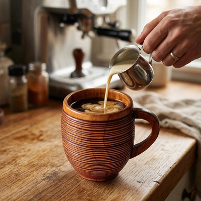 Lait versé dans tasse a cafe