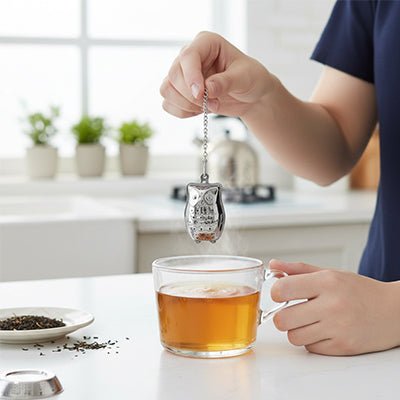 main tenant infuseur a the au dessus tasse en verre