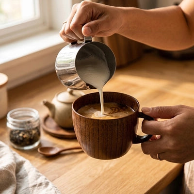 main versant lait dans tasse a cafe au lait