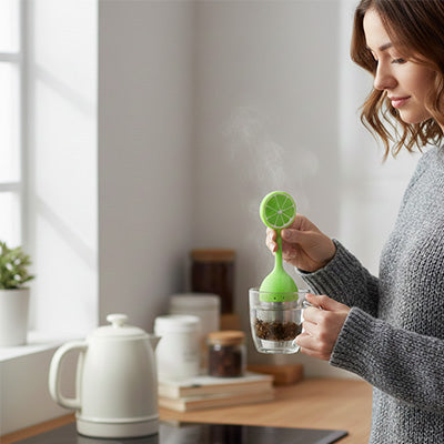 Dame plongeant infuseur the citron vert dans tasse pres de fenetre