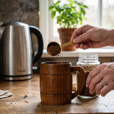 café moulu versé dans tasse a cafe