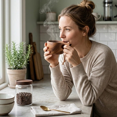dame avec tasse pour café regarde  par fenêtre