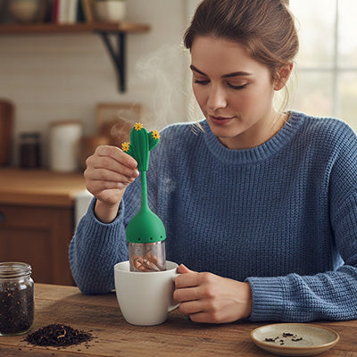 femme assise avec infuseur the cactus dans tasse blanche