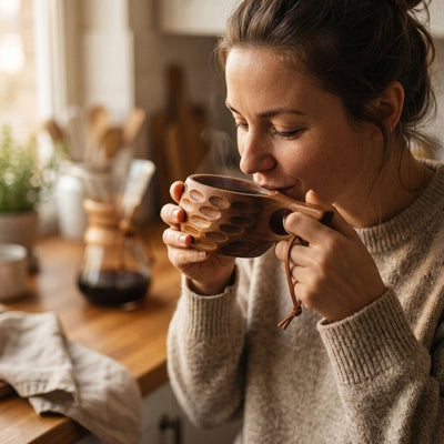femme inspirant la bonne odeur sortant de tasse pour café