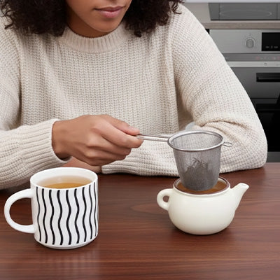 femme tenant filtre a the avec théière à coté de tasse rayé