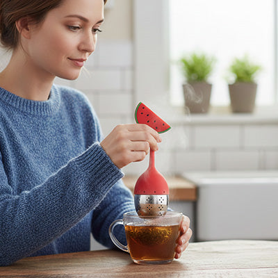 femme tenant infuseur the melon eau main gauche
