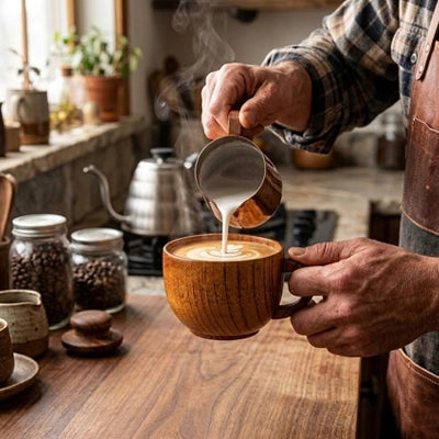 homme ajoutant lait dans tasse a cafe bord comptoir en bois