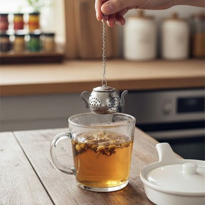 infuseur a the avec tasse en verre sur comptoir cuisine