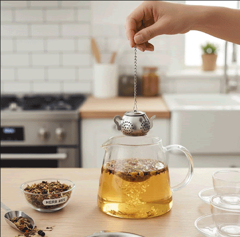 infuseur a the forme theiere suspendu au dessus de pichet