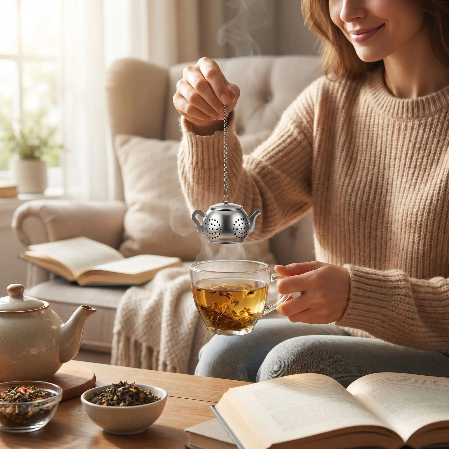 femme assise sur canape avec infuseur a the en main