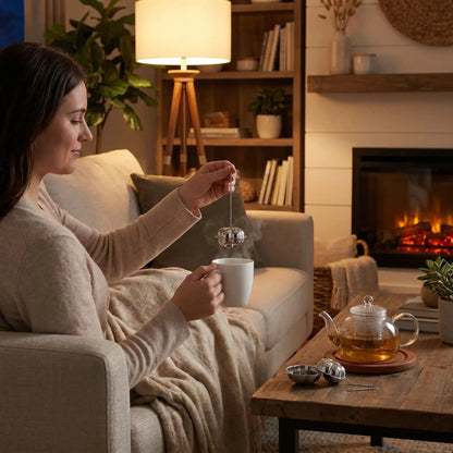femme pres de foyer avec infuseur a the dans main gauche