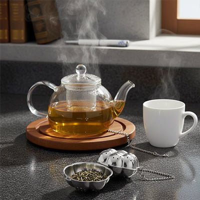 infuseur a the avec theiere et tasse fumante