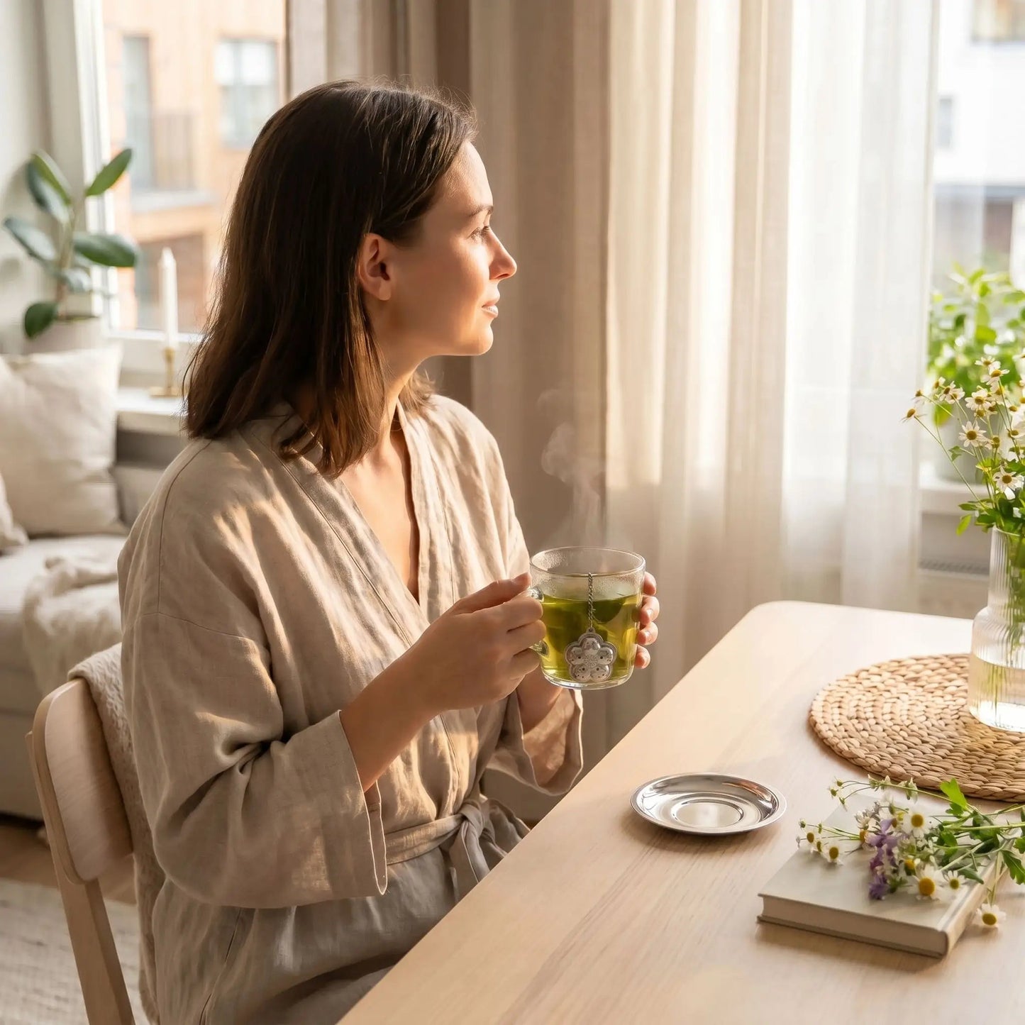 infuseur a the dans mains femme regardant par fenetre
