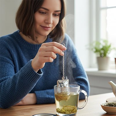 infuseur a the plonge dans tasse de the vert