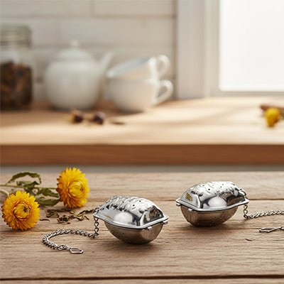 infuseur a the hibou avec fleurs sur table en bois
