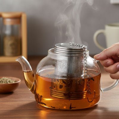 infuseur a the dans theiere fumante