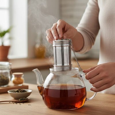 infuseur a the au dessus de theiere remplie de the