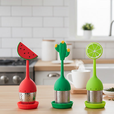 infuseur the de differentes couleurs sur comptoir de cuisine