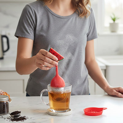 infuseur the rouge avec tasse en verre avec dame derriere comptoir