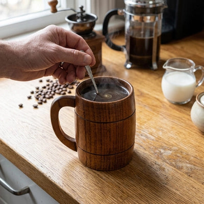 main brassant café avec cuillère dans tasse a cafe