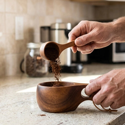 main homme versant café moulu dans tasse pour café