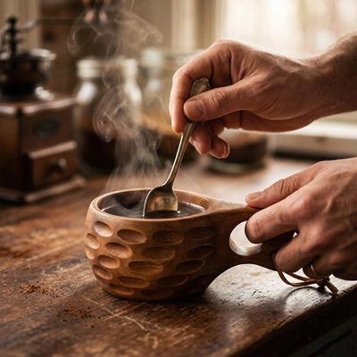 main remuant dans tasse pour café avec cuillère