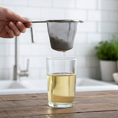 main tenant filtre a the au dessus verre sur comptoir de cuisine