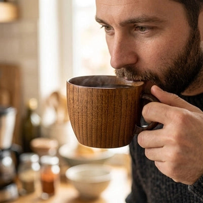 monsieurs savoure son café dans sa tasse a cafe en bois